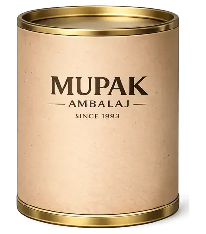 Altın metal kapaklı, Mupak Ambalaj yazılı kraft silindir kutu